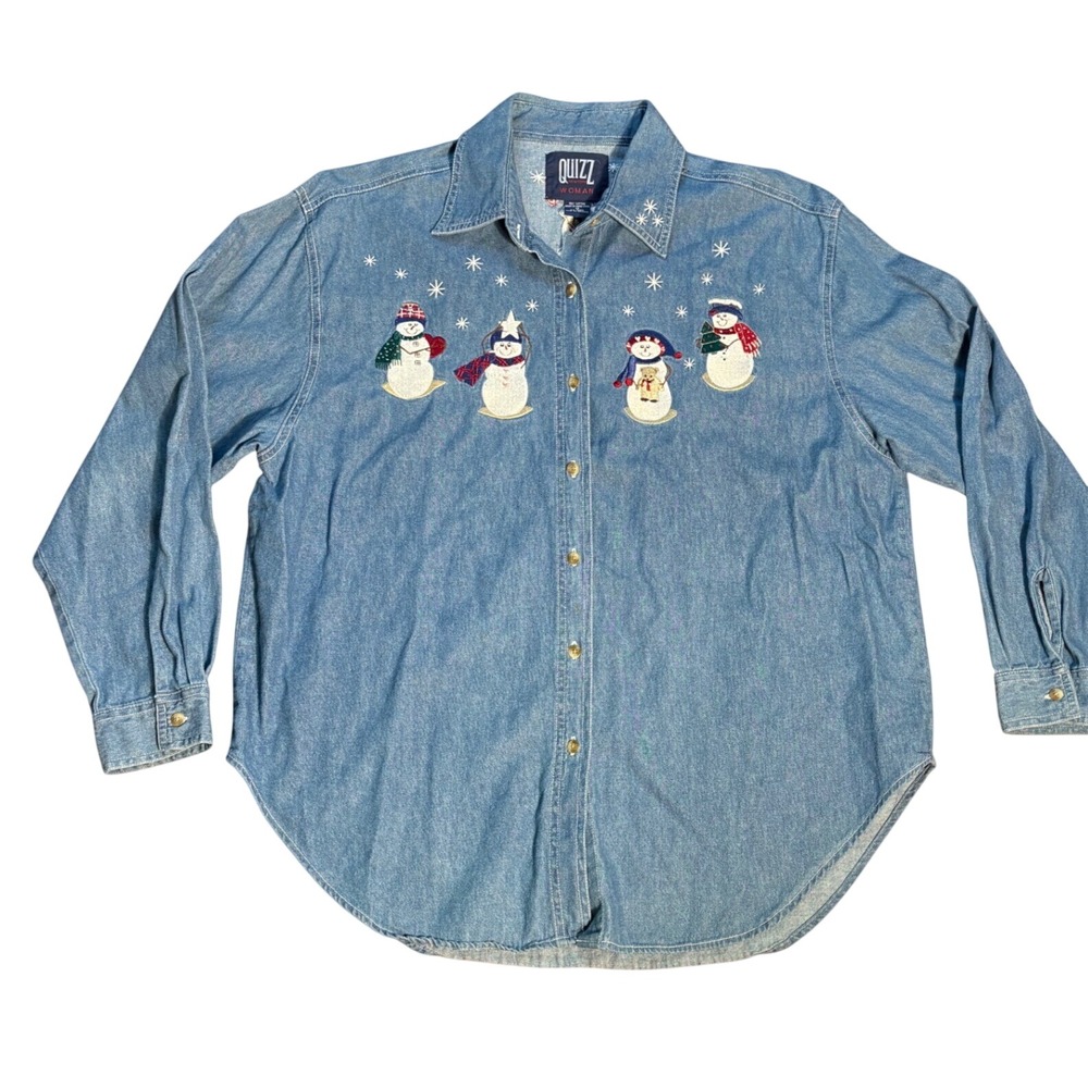 Womens Size 18 Denim Snowman Embroidered Button Up Shirt Blue Holiday Winter